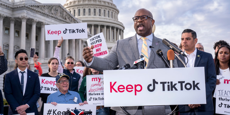 Rep. Jamaal Bowman, D-N.Y., joined at right by Rep. Robert Garcia, D-Calif., leads a rally to defend TikTok and the app's supporters, at the Capitol in Washington, Wednesday, March 22, 2023. The House holds a hearing Thursday, with TikTok CEO Shou Zi Chew about the platform's consumer privacy and data security practices and impact on kids. (AP Photo/J. Scott Applewhite)