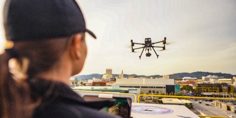 A drone takes off from the roof of the Santa Monica police station, as part of the department’s Drone First Responder program.