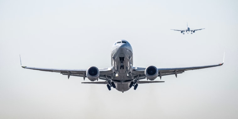Image: A plane takes off as another comes in for a landing from Ronald Reagan Washington National Airport in Arlington, Va., on March 20, 2023.