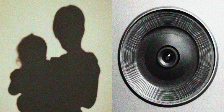 Photo illustration of a shadow of a mother holding her young child and a camera lens.