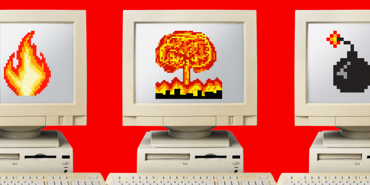 Photo illustration of vintage computers with 8-bit style illustrations of fire, a mushroom cloud over buildings, and a bomb.