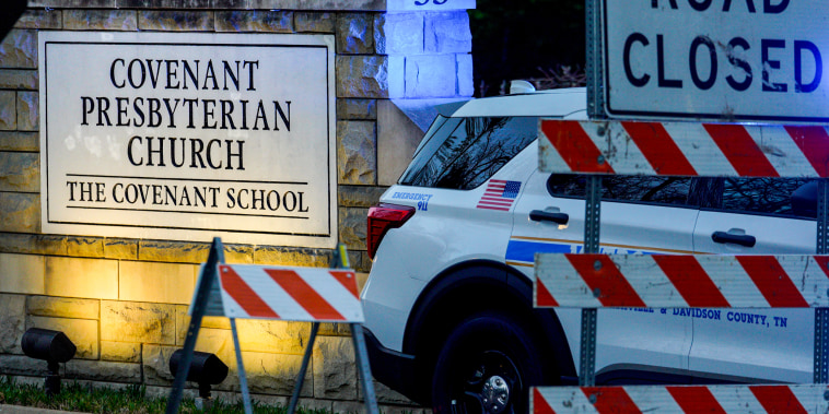 Nashville police block the entrance of The Covenant School in Nashville on March 27, 2023.