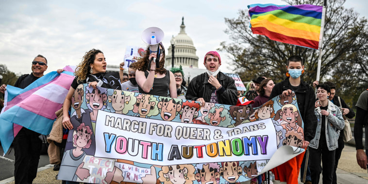 Image: Supporters of LGBTQ rights march from Union Station towards Capitol Hill on March 31, 2023.