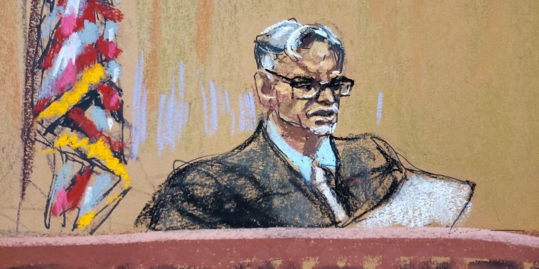 Judge Juan Merchan re-reads counts in the charge during jury deliberations on Dec. 6, 2022, in a courtroom sketch
