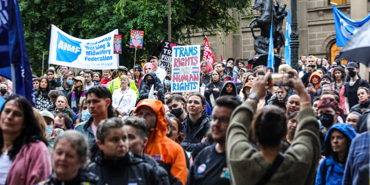 Crowds of pro trans rights people gather in front of the State Library of Victoria on March 31, 2023 in Melbourne, Australia.