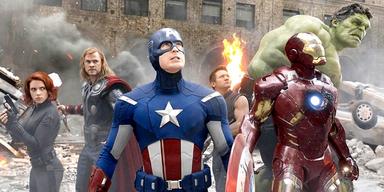 THE AVENGERS 2012 Marvel film with from left: Scarlett Johansson (Black Widow), Chris Hemsworth (Thor) , Chris Evans (Captain America), Clint Barton (Hawkeye), Iron Man (Anthony Stark), Mark Ruffalo (The Incredible Hulk),