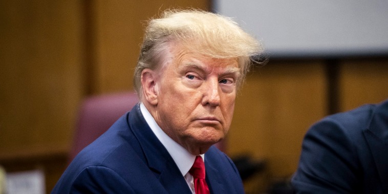 Image: Former President Donald Trump appears in court at the Manhattan Criminal Court in New York on April 4, 2023.