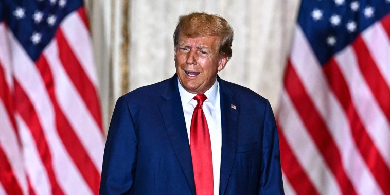 Image: Former US president Donald Trump speaks during a press conference following his court appearance over an alleged 'hush-money' payment, at his Mar-a-Lago estate in Palm Beach, Fla., on April 4, 2023.