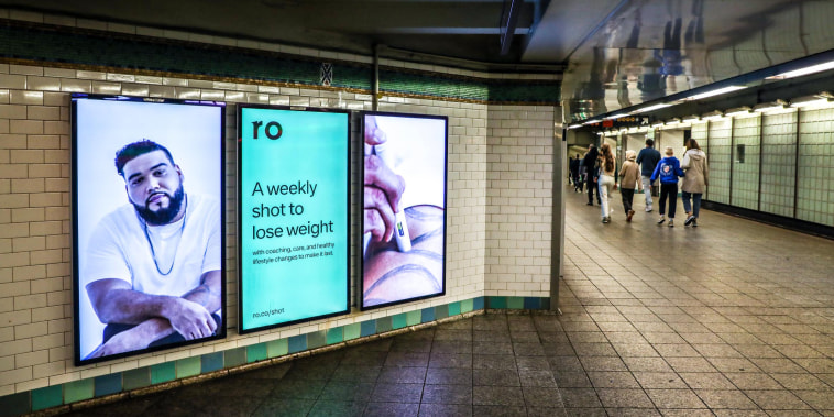An ad for Wegovy from the online health startup Ro, in the Times Square subway in New York on April 5, 2023.
