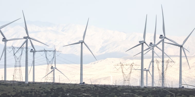 Wind turbines near Whitewater, Calif., on Feb. 22, 2023.