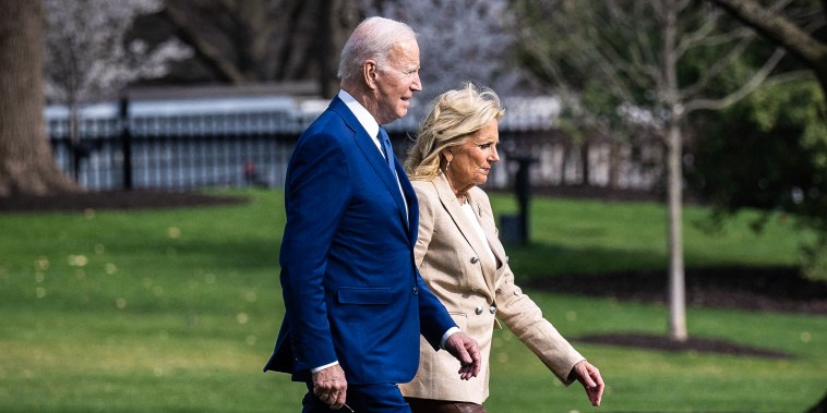 Image: President Joe Biden and first lady Jill Biden make their way to board Marine One before departing from the South Lawn of the White House on March 23, 2023.