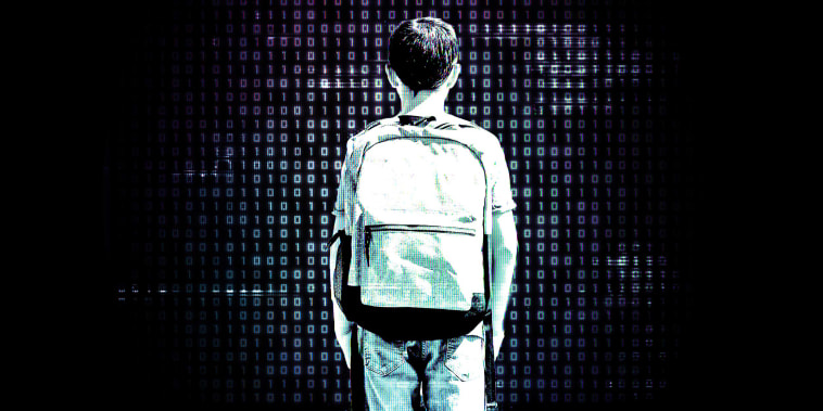 Photo Illustration: A child wearing a backpack stands in front of a wall of code representing leaked data