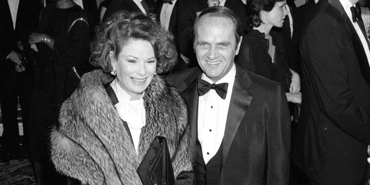 FILE - Actor-comedian Bob Newhart, right and his wife Ginnie attend the Golden Globe Awards on Jan. 26, 1985, in Beverly Hills, Calif. Ginnie Newhart, who was married to comedy legend Bob Newhart for six decades and inspired the classic ending of his “Newhart” series, died Sunday, April 23, 2023, according to Bob's publicist. She was 82.