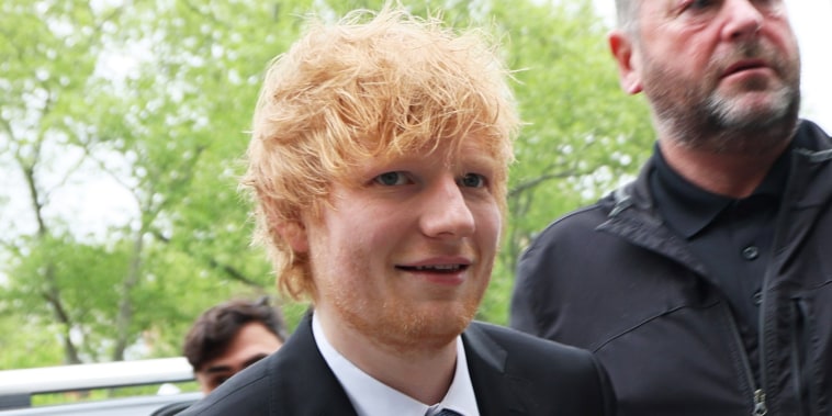 Musician Ed Sheeran arrives for his copyright infringement trial at Manhattan Federal Court on April 27, 2023 in New York City. Sheeran is being sued for copyright infringement for his 2014 hit â€œThinking Out Loud.â€ He is accused of copying Marvin Gayeâ€™s legendary R&B song â€œLetâ€™s Get It Onâ€. 