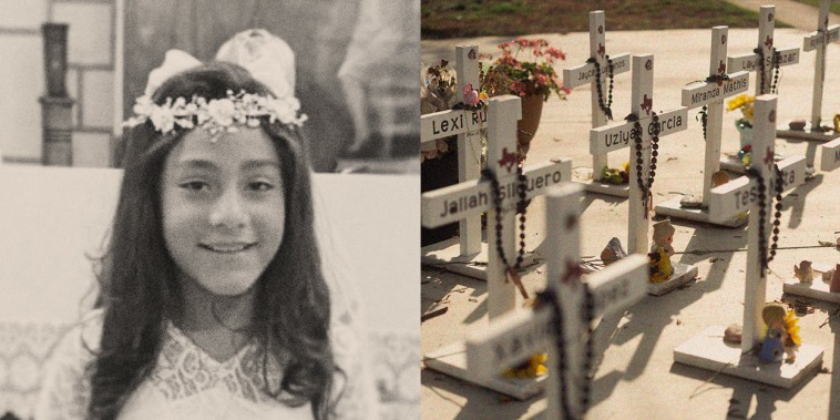 Images: Jacklyn Cazares; memorial crosses outside of Robb Elementary School in Uvalde; Jacklyn's uncle Jesse Rizo; and Jacklyn's father, Javier Cazares.