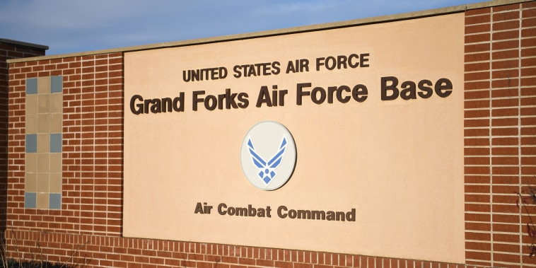 An installation sign is displayed at the main gate of Grand Forks Air Force Base, North Dakota Oct. 31, 2019. Grand Forks AFB is home to the 319th Reconnaissance Wing which provides high-altitude intelligence, surveillance, and reconnaissance to the United States Air Force. (U.S. Air Force photo by Airman 1st Class Brody Katka)