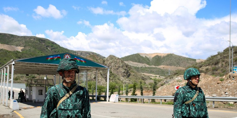 A view of an Azerbaijani checkpoint set up at the entry of the Lachin corridor, the Armenian-populated breakaway Nagorno-Karabakh region's only land link with Armenia on May 2, 2023.