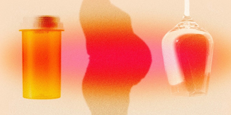 Photo Illustration: A silhouette of a pregnant woman with a pill bottle and wine glass
