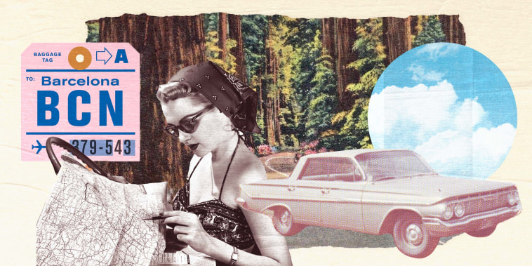 Photo Illustration: A collage of travel imagery, including a ticket to Barcelona, a vintage image of a woman reading a map, a sedan, and a postcard from the Great Redwood Forest