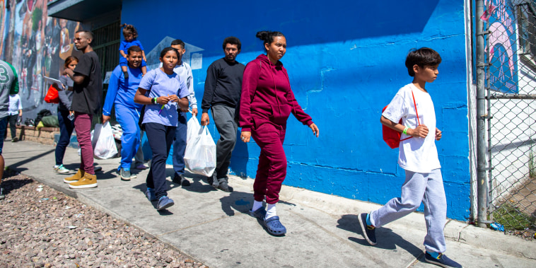 Image: A migrant family from Venezuela arrives to the shelter run by the Sacred Heart Church in El Paso, Texas, on May 12, 2023.