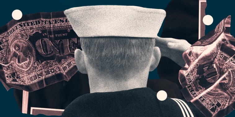 Photo Illustration: The back of the head of a Navy sailor saluting, surrounded by crumpled dollar bills