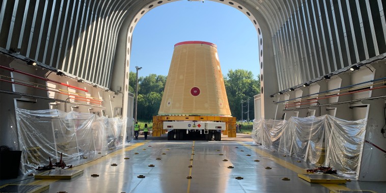 NASA’s Space Launch System (SLS) rocket’s launch vehicle stage adapter is loaded on the Pegasus barge at the agency’s Marshall Space Flight Center in Huntsville, Alabama, July 17, 2020.