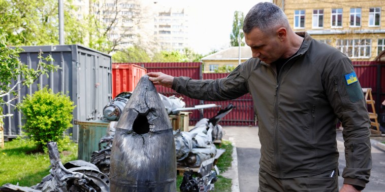 Kyiv Mayor Klitschko shows a Kh-47 Kinzhal Russian hypersonic missile warhead in Kyiv.