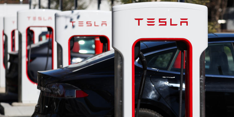 Tesla Superchargers in San Rafael, Calif. on February 15, 2023.