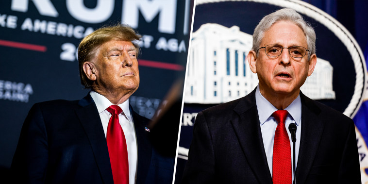 Former President Donald Trump   in Manchester, NH. on April 27, 2023. Attorney General Merrick Garland at the U.S. Department of Justice on May 2, 2023.