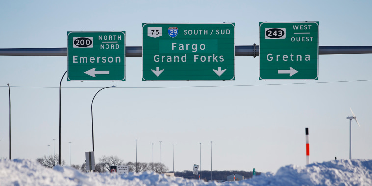 Road signage just outside of Emerson, Manitoba, in January 2022. That month, the bodies of four people were found in the province of Manitoba yards from the U.S. border near the community of Emerson. 