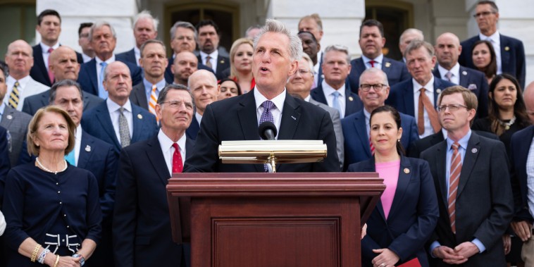 Kevin McCarthy during a news conference with house and senate Republicans on the "debt crisis," at the U.S. Capitol