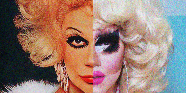 A split photo of Flawless Sabrina in the film "The Queen" and Trixie Mattel.