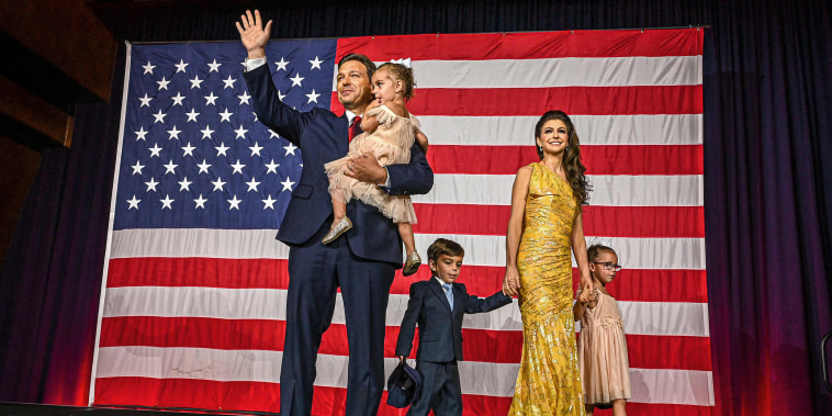 Ron DeSantis with his wife Casey and children Madison, Mason and Mamie at an election night watch party in Tampa, Fla, on Nov. 8, 2022. 