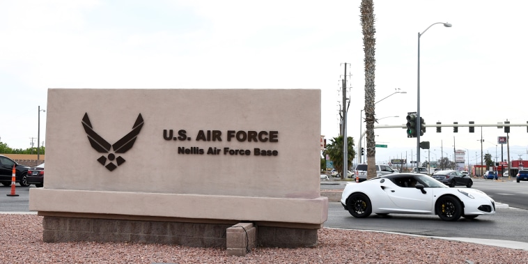 LAS VEGAS, NEVADA  - APRIL 03:  A sign near the main gate of Nellis Air Force Base is shown on April 3, 2020 in Las Vegas, Nevada. On Friday, the 99th Air Base Wing Commander Col. Cavan Craddock declared a public health emergency at the base as a result of the coronavirus, allowing for greater access to health care resources and more authority to limit access to the installation. Beginning on April 6th, access to the base will be limited to mission essential personnel and those who reside at the base. The World Health Organization declared the coronavirus (COVID-19) a global pandemic on March 11th.  (Photo by Ethan Miller/Getty Images)