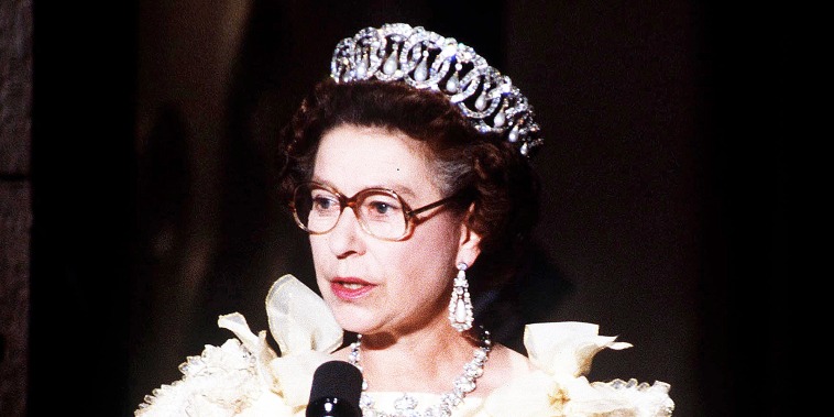 Queen Elizabeth ll at a banquet during the Queen's official visit to the US in March 1983 in  in San Francisco, CA.