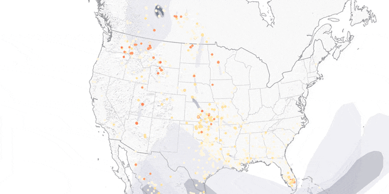 Animated map of wildfire smoke from fires across the United States each day since May 1, 2023.