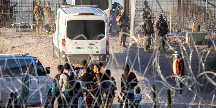 A U.S. Border Patrol vehicles take away groups of vulnerable immigrants, including unaccompanied minors who had crossed over from Mexico on May 09, 2023 in El Paso, Texas. A surge of immigrants is expected with the end of the U.S. government's Covid-era Title 42 policy, which for the past three years has allowed for the quick expulsion of irregular migrants entering the country.