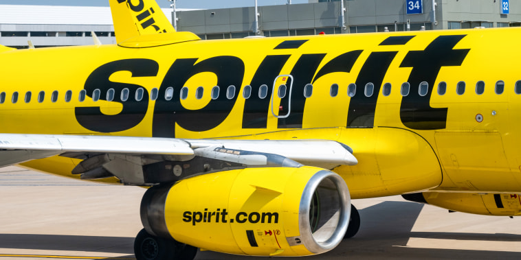 A Spirit Airlines plane at Austin-Bergstrom International Airport in Austin, Texas, on March 11, 2023.