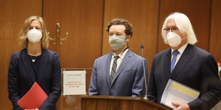 Danny Masterson with his lawyers Thomas Mesereau and Sharon Appelbaum as he is arraigned on three rape charges in separate incidents in 2001 and 2003, at Los Angeles Superior Court on  Sept. 18, 2020.