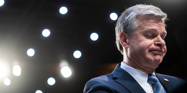 FBI director Christopher Wray testifies during a Senate Intelligence Committee hearing on Capitol Hill on March 8, 2023.