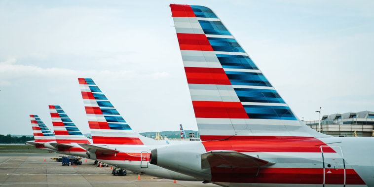 Tails of American Airline planes are seen as the planes sit parked at gates at Reagan National Airport on Thursday, April 27, 2023 in Arlington, Va.