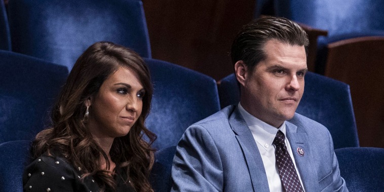Reps. Lauren Boebert, R-Colo., left, and Matt Gaetz, R-Fla., during a House hearing on Oct. 21, 2021.