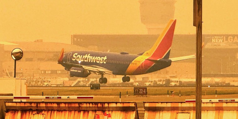 A Southwest airliner approaches LaGuardia Airport in New York