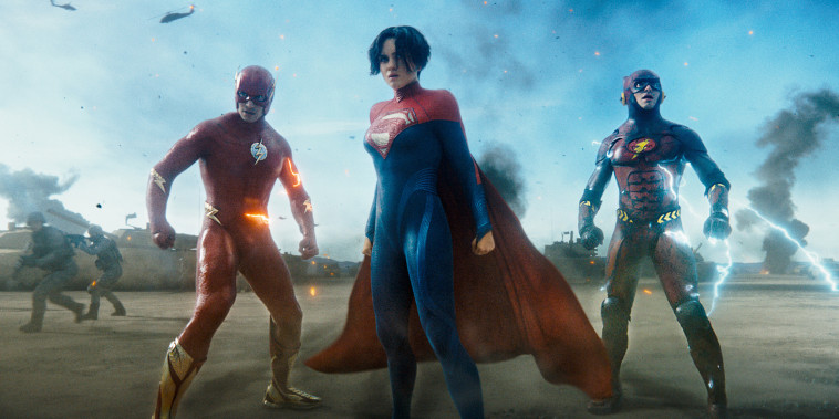 Ezra Miller as Barry Allen and Sasha Calle as Supergirl in “The Flash.”