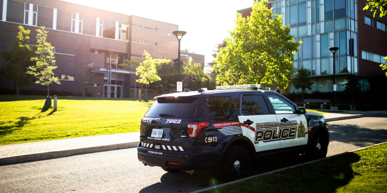 A Waterloo Regional Police vehicle near the scene of a stabbing at the University of Waterloo, in Waterloo, Ontario
