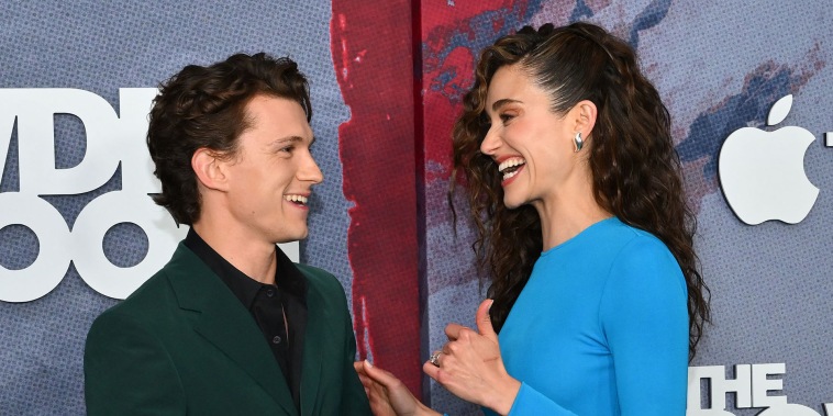 Tom Holland and Emmy Rossum arrive for the premiere of Apple TV+'s "The Crowded Room" at the Museum of Modern Art in New York City on June 1, 2023. 