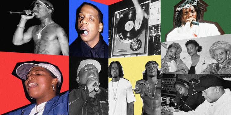 Clockwise from left: Tupac, Jay-Z, a turntable, Kendrick Lamar, Salt-N-Pepa, Dr. Dre, Snoop Dogg, Outkast's Stankonia album cover, The Notorious B.I.G., and Queen Latifah.