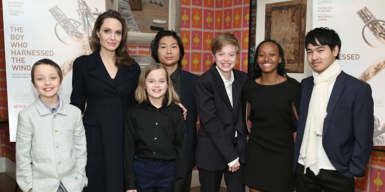 Angelina Jolie with her children Knox, Vivienne, Pax, Shiloh, Zahara and Maddox at "The Boy Who Harnessed The Wind" screening at Crosby Street Hotel on Feb. 25, 2019 in New York City.