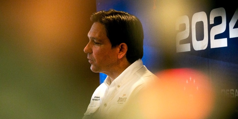 Fla. Gov. Ron DeSantis speaks at a campaign stop in Grinnell, Iowa, on Saturday.