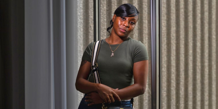 Porcha Woodruff, 32, the first woman known to be wrongfully accused as a result of facial recognition technology, in Oak Park, Mich., Aug. 5, 2023. 